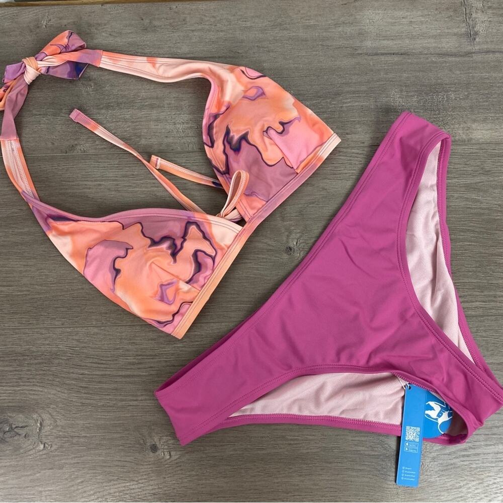Cupshe Pink&Orange Watercolor Bikini Set Sz.L NWT